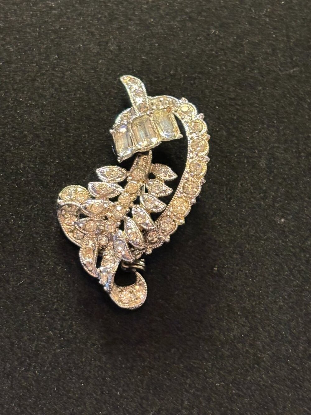 Vintage Silver Tone Rhinestone Leaf Spray Brooch Pin with Baguette Crystals